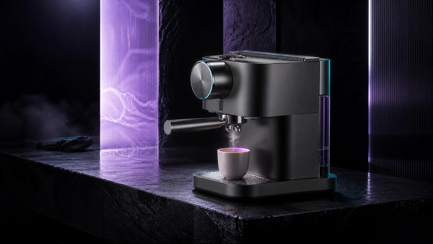 The same espresso machine in a cinematic CGI environment
