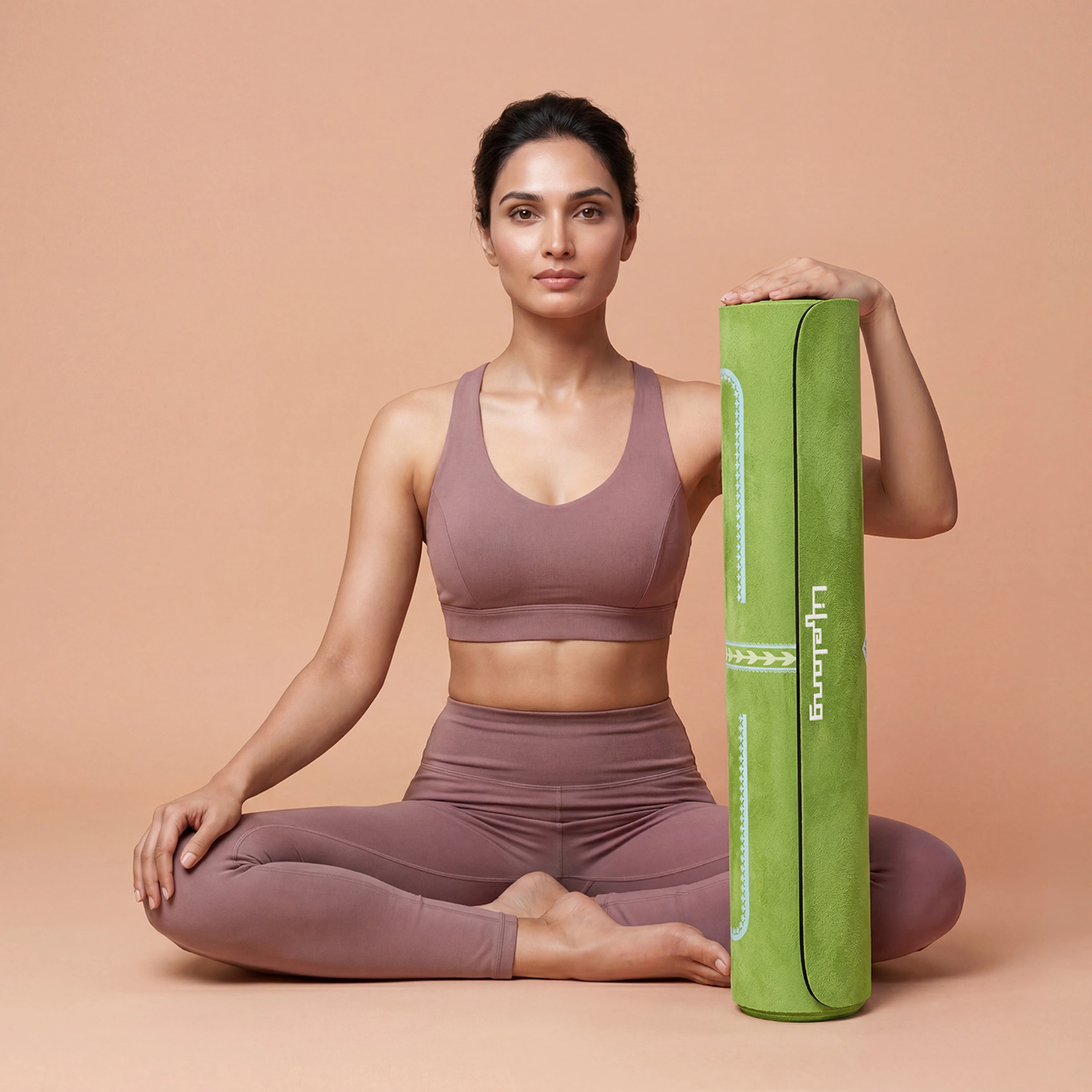 Model in mauve activewear seated with a rolled green Lifelong yoga mat on a peach studio backdrop