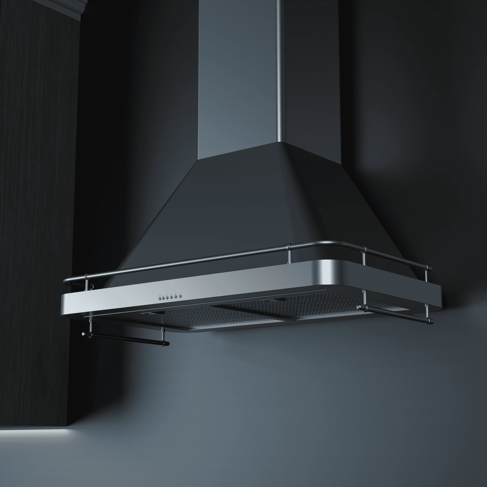 Wall-mounted kitchen chimney lit in a dark modern kitchen